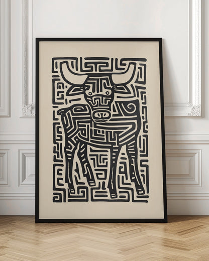 A stylized black and cream artwork of a bull, where the animal and its background are formed by a single, continuous maze-like or labyrinthine pattern of thick black lines on a cream-colored paper, enclosed in a thin black frame. Print