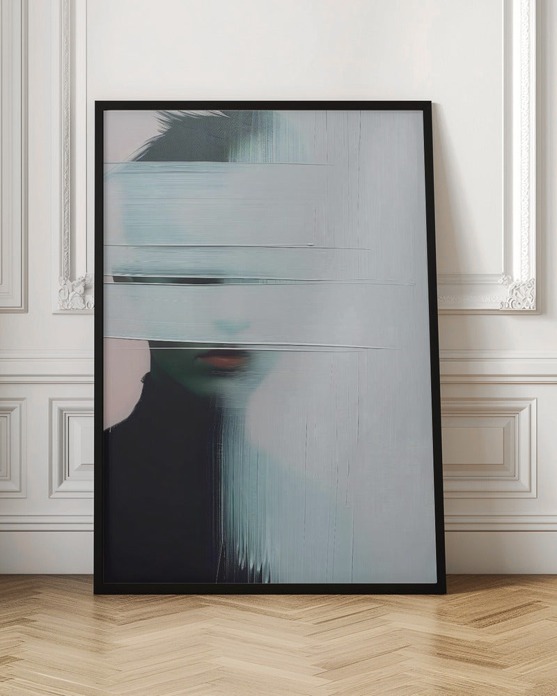 An abstract portrait of a person in a black turtleneck, their face is obscured by thick, horizontal and vertical strokes of pale blue-gray paint, leaving only their mouth visible. The artwork is presented in a simple black frame. Poster