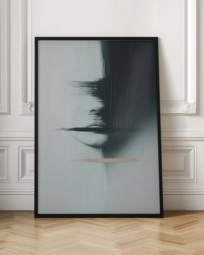 An abstract, modern painting in a black frame featuring a woman's face partially obscured by heavy, black brushstrokes. The background is a textured light grey. The woman's pale lips are visible, crossed by a horizontal smear of black paint. Below the face, a single, contrasting stroke of soft pink adds a touch of color. Print