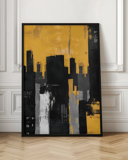 An abstract painting of a city skyline with stark black, grey, and white building silhouettes set against a vibrant, textured mustard yellow sky, framed in black. Artwork
