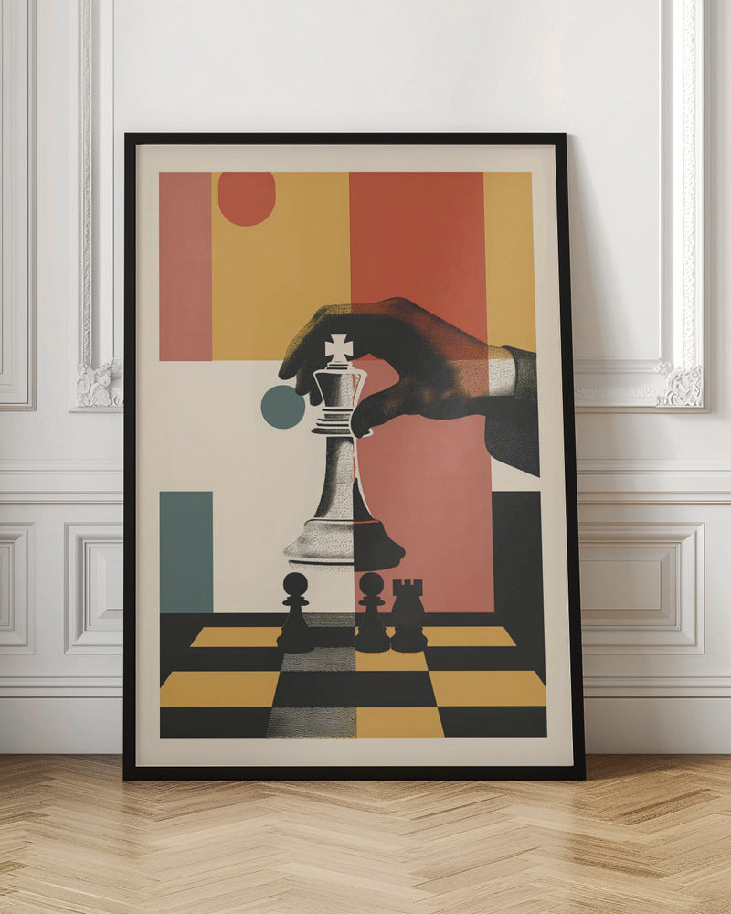 A modern graphic art poster of a hand moving a white king chess piece on a black and yellow chessboard. The background is a collage of abstract geometric shapes in red, orange, yellow, and teal. Decor