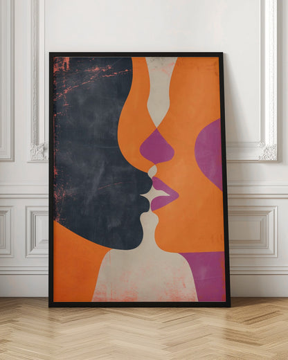 An abstract, modern illustration depicting the profiles of two figures about to kiss. One figure is a solid dark blue with a distressed texture, while the other is bright orange. Their overlapping lips are highlighted in magenta and off-white, creating a dynamic and intimate focal point. The artwork uses bold, flat color shapes and has a vintage, textured feel. Decor