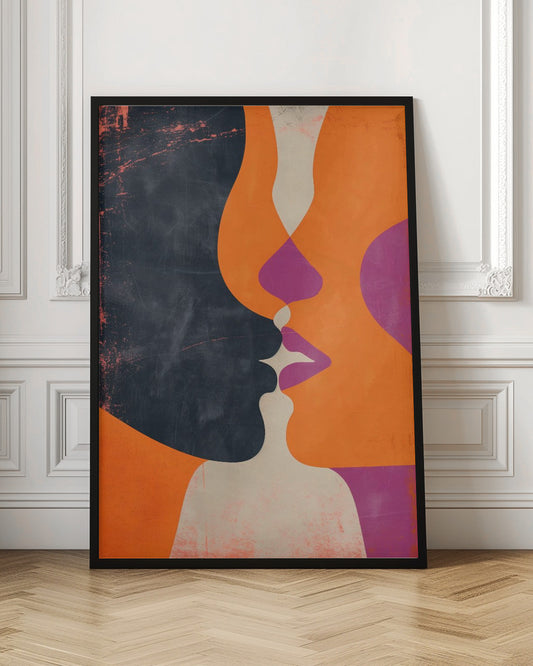 An abstract, modern illustration depicting the profiles of two figures about to kiss. One figure is a solid dark blue with a distressed texture, while the other is bright orange. Their overlapping lips are highlighted in magenta and off-white, creating a dynamic and intimate focal point. The artwork uses bold, flat color shapes and has a vintage, textured feel. Decor