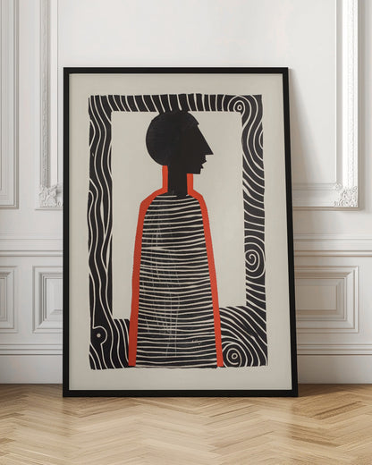 A modern graphic art print in a black frame, featuring a stylized silhouette of a person in profile. The figure has a black head and a striped black-and-white body, outlined in bold red. The background is off-white, and the central image is surrounded by a thick, patterned black-and-white border. Artwork