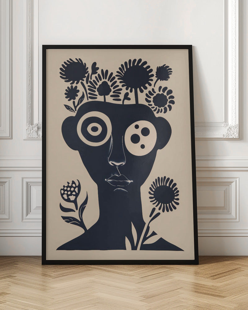 A two-tone abstract portrait of a person's head and shoulders in dark navy blue against a cream background. Stylized flowers and trees grow from the top of the head like hair. The eyes are large and graphic, one a target-like pattern and the other with multiple dots. The piece has a modern, minimalist, and surreal feel. Poster