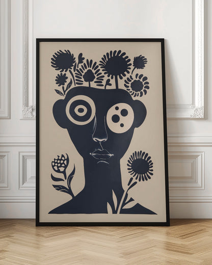 A two-tone abstract portrait of a person's head and shoulders in dark navy blue against a cream background. Stylized flowers and trees grow from the top of the head like hair. The eyes are large and graphic, one a target-like pattern and the other with multiple dots. The piece has a modern, minimalist, and surreal feel. Poster