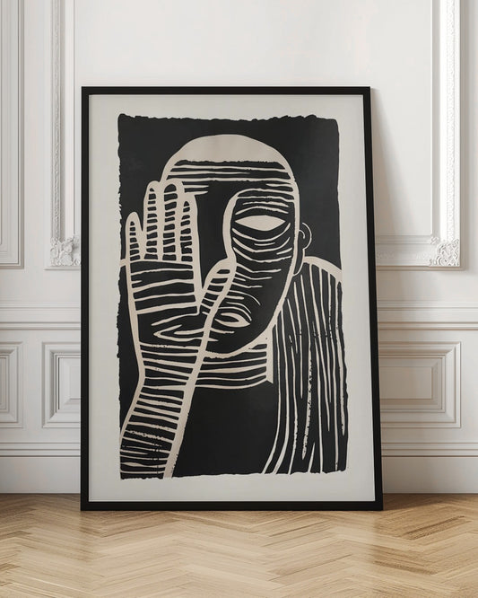A high-contrast black and white linocut or woodcut print depicting a person from the chest up. The figure holds a hand up to their face, partially obscuring it, with one eye visible. The artwork is characterized by bold, white horizontal and vertical lines carved out of a solid black background. Print