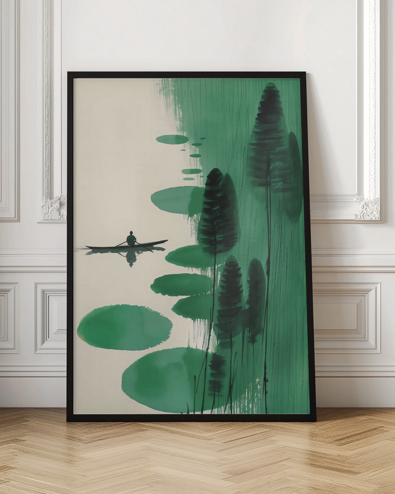 A minimalist, Asian-inspired ink painting depicting a lone figure in a small black boat on a calm, off-white body of water. The right side of the artwork features abstract green shapes, including large lily pad-like forms and tall, dark stylized trees or reeds against a background of vertical green brushstrokes. The scene evokes a sense of tranquility and solitude. Print