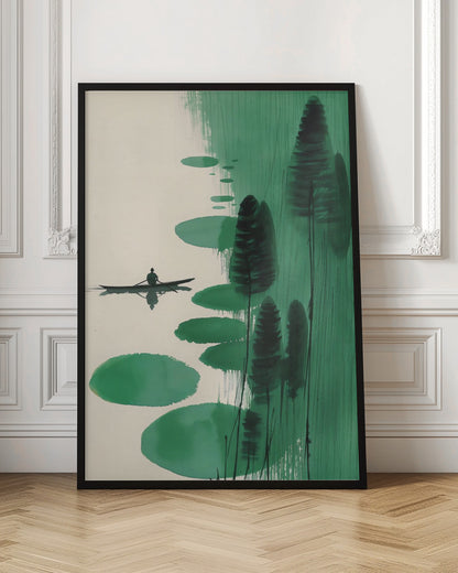 A minimalist, Asian-inspired ink painting depicting a lone figure in a small black boat on a calm, off-white body of water. The right side of the artwork features abstract green shapes, including large lily pad-like forms and tall, dark stylized trees or reeds against a background of vertical green brushstrokes. The scene evokes a sense of tranquility and solitude. Print