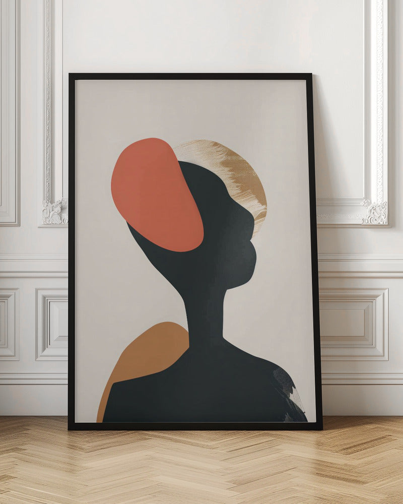 An abstract art print in a black frame featuring the silhouette of a person's head and shoulders against a light beige background. The black silhouette is overlaid with large, organic shapes in burnt orange, ochre, and a textured gold. Decor