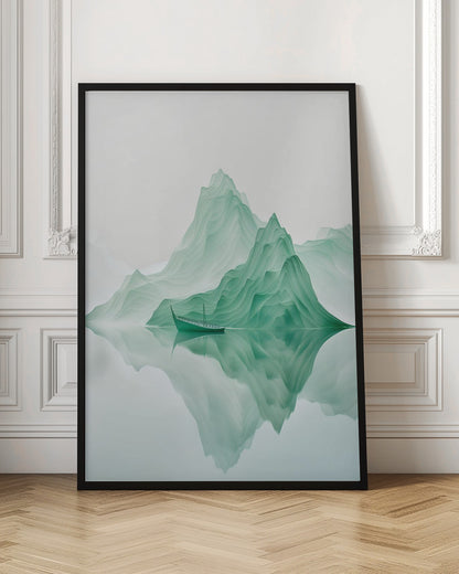 A minimalist digital artwork of a tranquil landscape featuring layered, jade-green mountains reflected in still, glassy water. A small, traditional green boat floats peacefully on the surface, adding to the serene and ethereal atmosphere. Poster