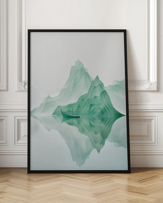 A minimalist digital artwork of a tranquil landscape featuring layered, jade-green mountains reflected in still, glassy water. A small, traditional green boat floats peacefully on the surface, adding to the serene and ethereal atmosphere. Poster