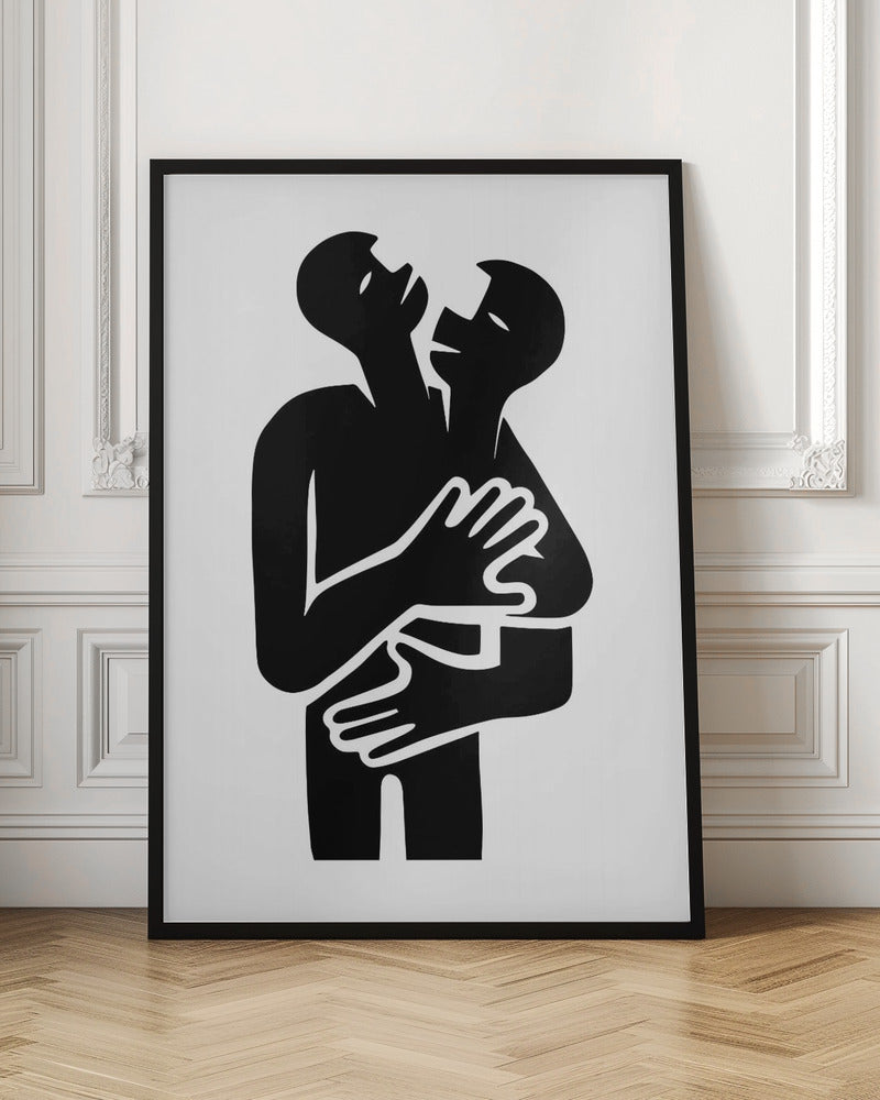 A minimalist black and white graphic art print showing two abstract human figures in a tight embrace. The figures are rendered in a bold, solid black silhouette against a stark white background, creating a high-contrast image. Their arms are wrapped around each other, and their heads are tilted back, suggesting a powerful emotion like passion, comfort, or unity. Decor