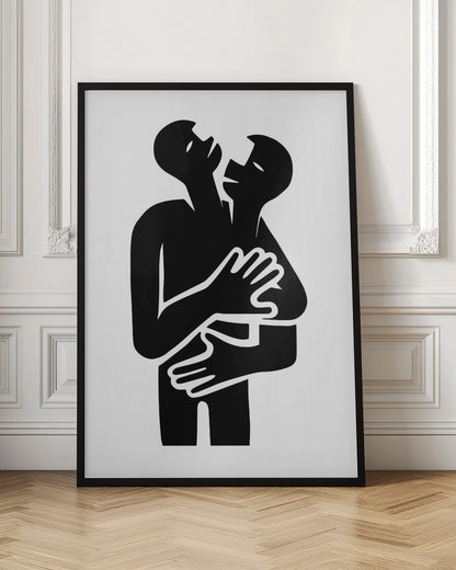 A minimalist black and white graphic art print showing two abstract human figures in a tight embrace. The figures are rendered in a bold, solid black silhouette against a stark white background, creating a high-contrast image. Their arms are wrapped around each other, and their heads are tilted back, suggesting a powerful emotion like passion, comfort, or unity. Decor