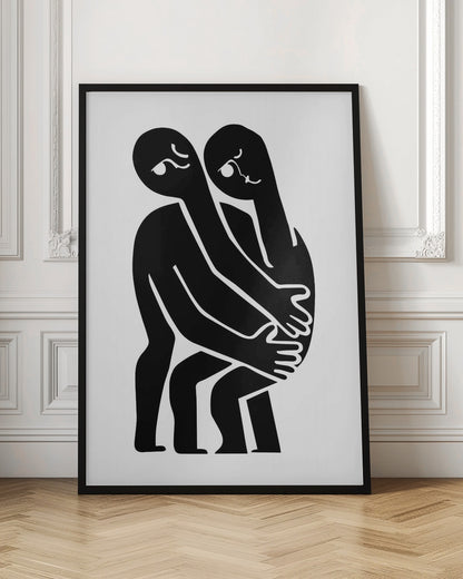 A minimalist black and white art print featuring two abstract, stylized figures in a close embrace. The figures are rendered in solid black against a plain white background, with their elongated limbs and bodies intertwined. Simple white lines within the black silhouettes create expressive facial features. The artwork is contained within a thin black frame. Wall Art