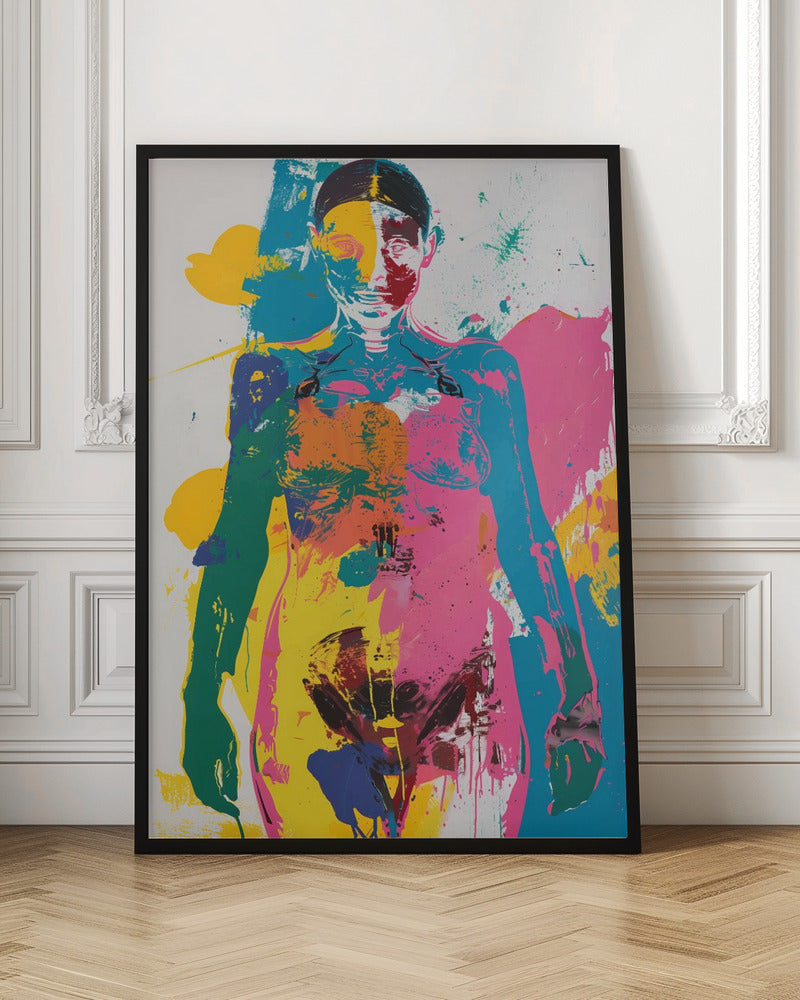 An abstract pop art print of a female figure from the waist up, depicted in vibrant, overlapping blocks of color including pink, yellow, cyan, and green, with skeletal details visible, all set against a white background with paint splatters. Artwork