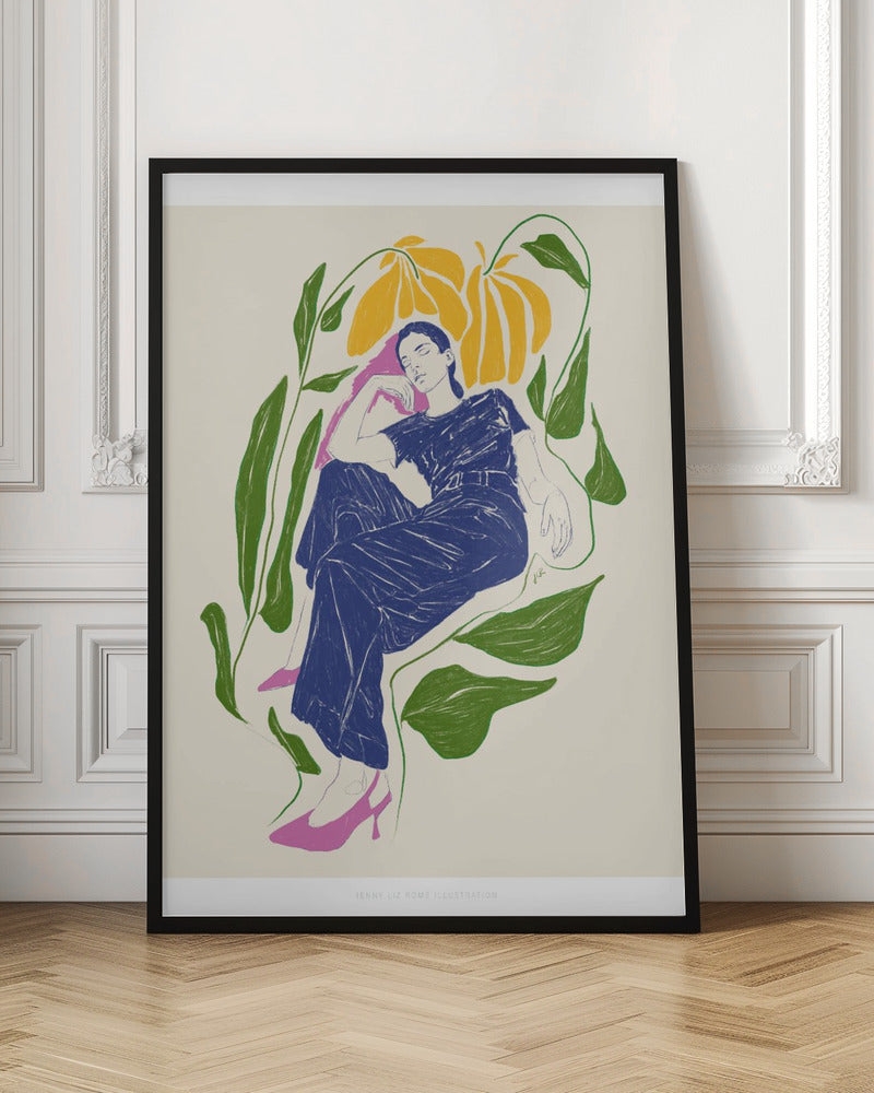 A stylized illustration of a woman in a dark blue outfit and pink heels, resting peacefully with her eyes closed amidst large green leaves and yellow flowers against a cream background. Decor