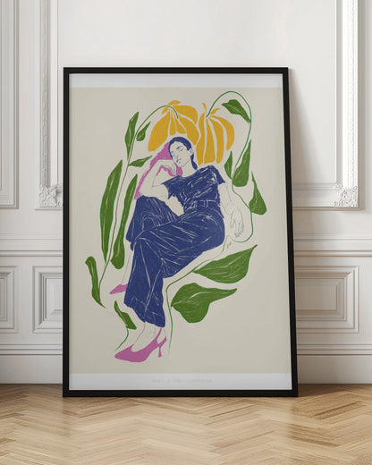 A stylized illustration of a woman in a dark blue outfit and pink heels, resting peacefully with her eyes closed amidst large green leaves and yellow flowers against a cream background. Decor