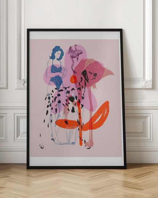 A modern, stylized illustration on a light pink background featuring a woman in a blue swimsuit holding a small potted plant. The scene includes several overlapping, semi-transparent animals: a dalmatian, a large pink flamingo, and a leaping frog. Bold orange and pink abstract shapes add to the layered composition. Poster