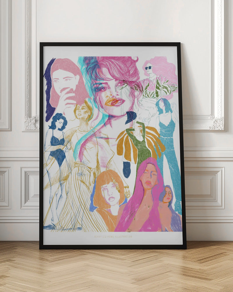 A framed art print featuring a vibrant, sketchy collage of numerous women. The central focus is a large portrait with a pink and cyan 3D effect. Surrounding it are smaller illustrations of women in various fashionable poses and outfits, rendered in a dynamic mix of pink, blue, orange, and yellow on a white background. Poster
