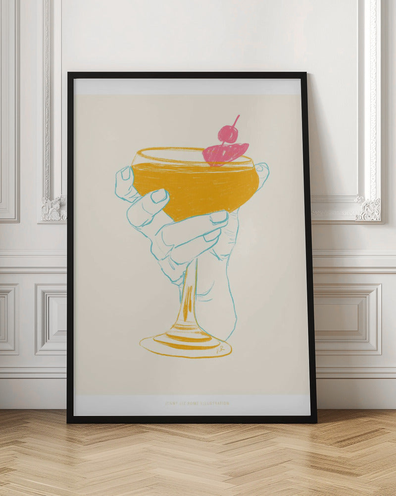 A stylized illustration of a hand holding a coupe glass with a golden-yellow cocktail, garnished with a bright pink cherry. The hand is outlined in light blue against a cream background, creating a minimalist, pop-art feel. Print