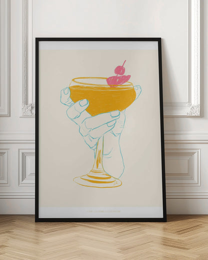 A stylized illustration of a hand holding a coupe glass with a golden-yellow cocktail, garnished with a bright pink cherry. The hand is outlined in light blue against a cream background, creating a minimalist, pop-art feel. Print