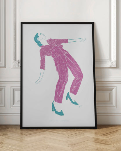 A stylized, two-color illustration of a person dancing, captured in a black frame. The figure, rendered in textured fuchsia, wears a jumpsuit and leans back dramatically. Their hair, shoes, and arm outlines are highlighted in a contrasting teal against a stark white background. Print