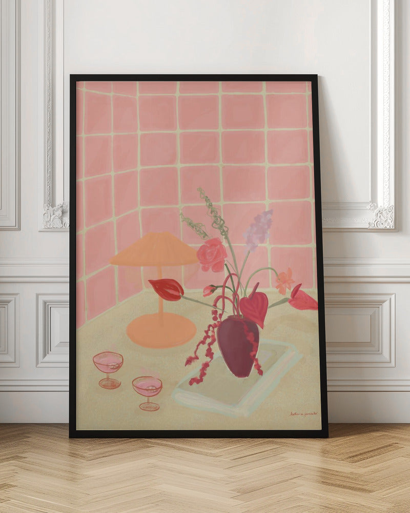 A painterly still life illustration of a countertop against a pink tiled wall, featuring a burgundy vase with an arrangement of red and pink flowers, an orange lamp, and two coupe glasses filled with a pink beverage. Poster