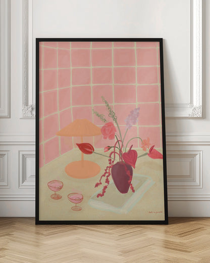 A painterly still life illustration of a countertop against a pink tiled wall, featuring a burgundy vase with an arrangement of red and pink flowers, an orange lamp, and two coupe glasses filled with a pink beverage. Poster