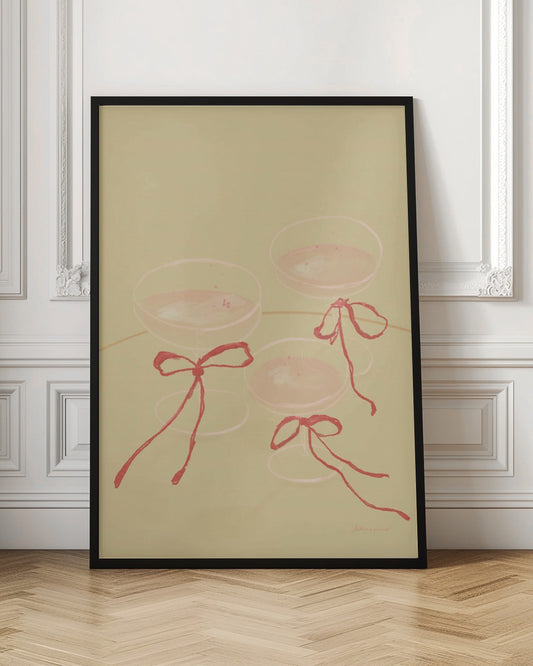 A minimalist illustration featuring three coupe-style champagne glasses filled with pink liquid, each adorned with a red ribbon tied in a bow, set against a solid pale greenish-beige background. Poster
