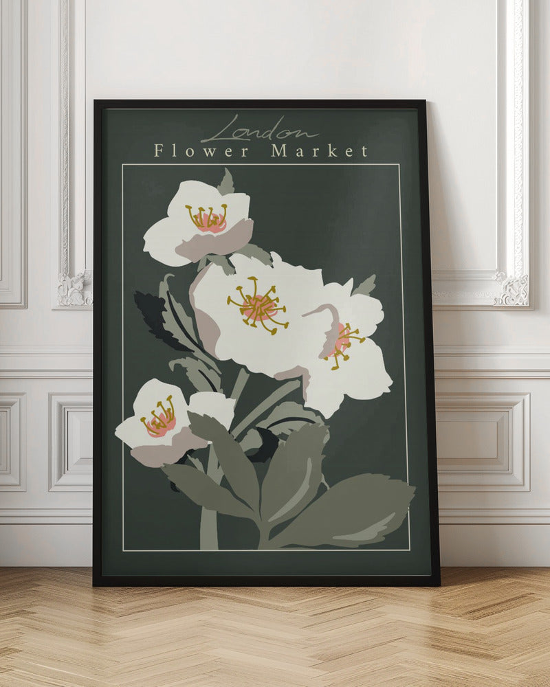 A vintage-style art print of the 'London Flower Market', featuring stylized white hellebore flowers with pink and gold centers on green stems, set against a dark, moody green background. The image is framed with a thin white line and a larger black border. Artwork