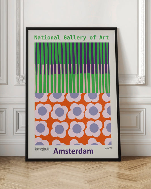 A retro-style framed poster for a 'National Gallery of Art' exhibition in 'Amsterdam'. The artwork is divided into two sections: the top half has vertical stripes in green, purple, and light pink, while the bottom half features a repeating pattern of stylized flowers with pink petals and periwinkle centers on a bright orange background. Artwork