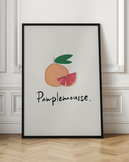 A minimalist art print featuring a stylized illustration of a whole grapefruit and a cut wedge. The fruit is peach-colored with a vibrant pink interior, topped with green leaves. Below the illustration, the French word 'Pamplemousse.' is written in a casual black script. The background is a soft off-white, and the print is enclosed in a simple black frame. Wall Art