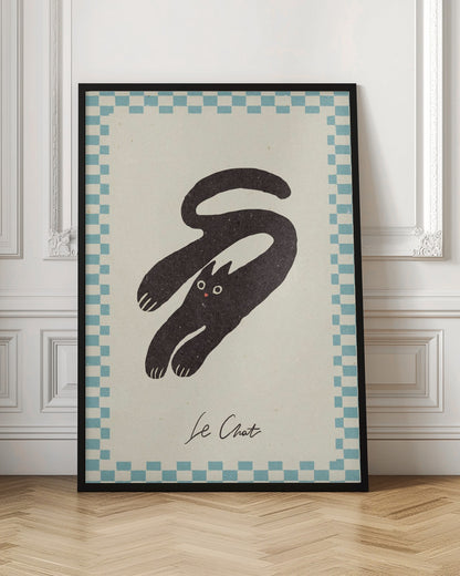 A vintage-style art print of a stylized black cat with an elongated, curving body. The cat has wide eyes and is set against a cream background with a blue and cream checkered border. Below the cat, the words 'Le Chat' are written in cursive script. The artwork is presented in a simple black frame. Print