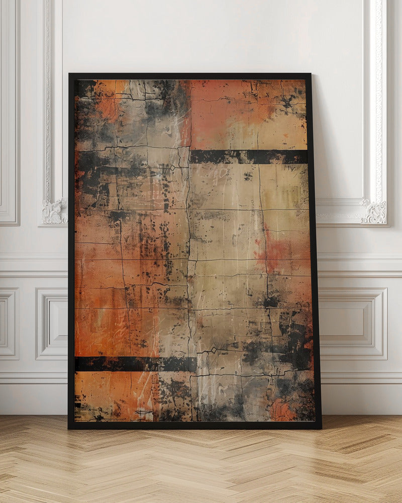 An abstract painting with a heavily textured and cracked surface, dominated by shades of orange, beige, and black. The composition resembles weathered blocks or tiles, with bold black horizontal bands and splatters of black and white paint, all within a thin black frame. Artwork