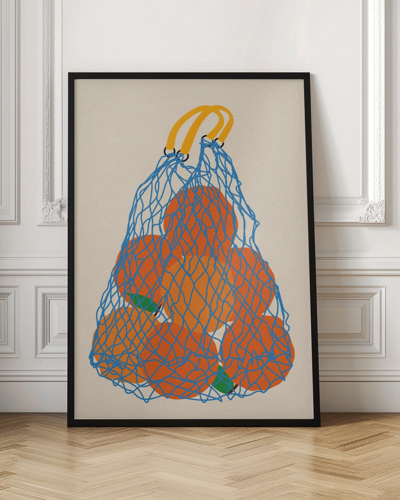 A minimalist illustration of a blue mesh string bag with yellow handles, filled with large, bright orange oranges against a light beige background. Wall Art
