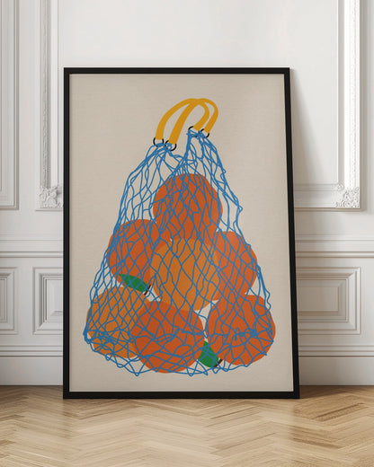 A minimalist illustration of a blue mesh string bag with yellow handles, filled with large, bright orange oranges against a light beige background. Wall Art