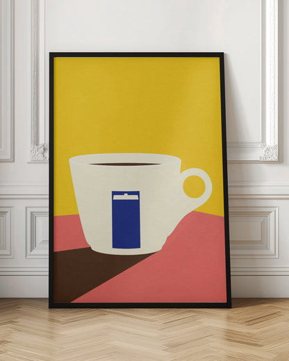 A minimalist pop art illustration of a white coffee cup with a blue TARDIS from Doctor Who on its side, set against a bright yellow background and a pink tabletop. Decor