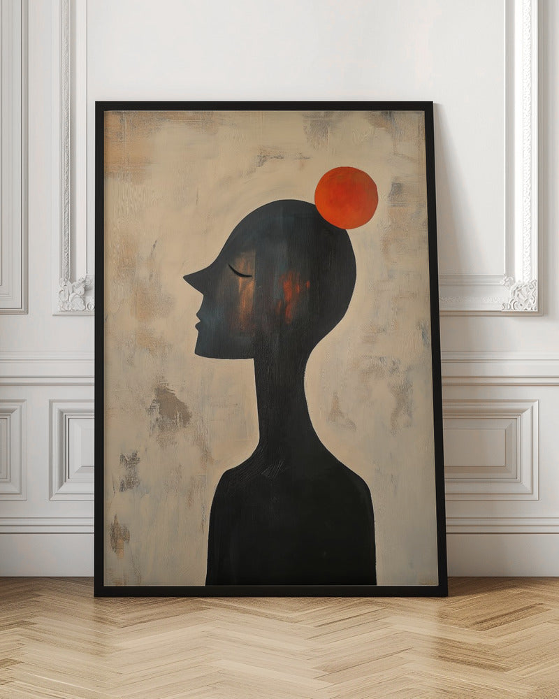 An abstract painting of a black silhouette of a person in profile, with their eyes closed. A vibrant orange-red circle is balanced on the top of their head. The background is a textured, distressed beige and off-white. The entire piece is enclosed in a simple black frame. Print