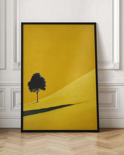 A minimalist painting of a single black tree on a vibrant yellow, rolling hill, casting a long, dark shadow. The background is a solid yellow, creating a stark, modern landscape scene within a black frame. Print