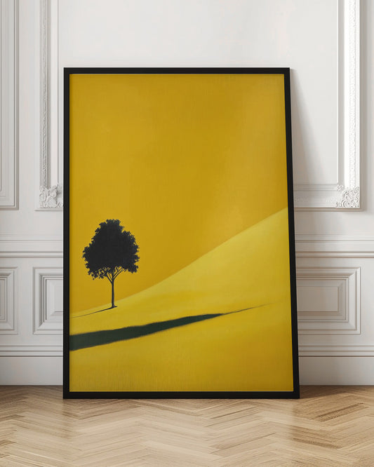 A minimalist painting of a single black tree on a vibrant yellow, rolling hill, casting a long, dark shadow. The background is a solid yellow, creating a stark, modern landscape scene within a black frame. Print