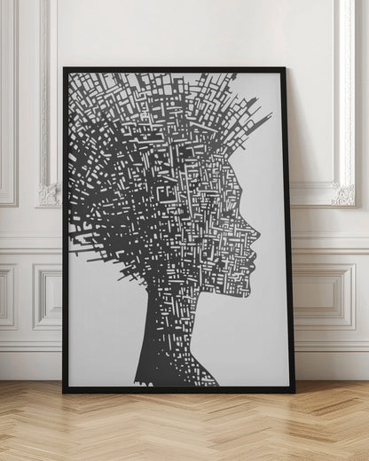 A black and white abstract artwork featuring the silhouette of a woman in profile against a white background. The silhouette is filled with an intricate, maze-like pattern of white lines and shapes, resembling a circuit board or an aerial city map. The entire piece is encased in a simple black frame. Print