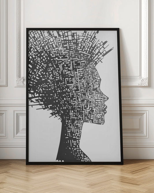 A black and white abstract artwork featuring the silhouette of a woman in profile against a white background. The silhouette is filled with an intricate, maze-like pattern of white lines and shapes, resembling a circuit board or an aerial city map. The entire piece is encased in a simple black frame. Print