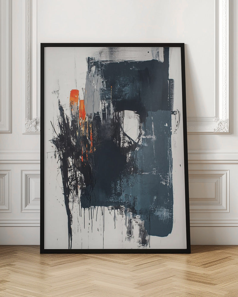An expressive abstract painting in a black frame, featuring a large, dark, textured block of black and grey paint on a white canvas. Splashes of bright orange provide a striking contrast on the left, while black paint drips down the canvas, creating a sense of raw energy. Poster
