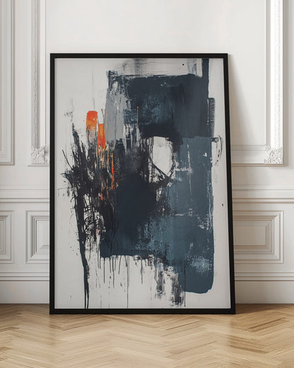 An expressive abstract painting in a black frame, featuring a large, dark, textured block of black and grey paint on a white canvas. Splashes of bright orange provide a striking contrast on the left, while black paint drips down the canvas, creating a sense of raw energy. Poster