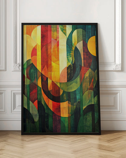 A vibrant abstract artwork with a wood grain texture, featuring vertical stripes overlaid with curved and circular shapes. The color palette shifts from warm reds and yellows on the left to cool, deep greens on the right, all enclosed in a thin black frame. Artwork