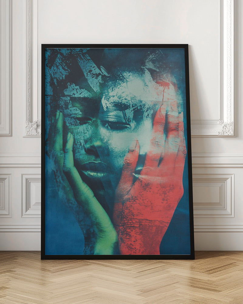 An abstract, heavily textured portrait of a person holding their face in their hands. The artwork uses a dramatic color palette of deep blues, teals, and black, with one hand rendered in a striking red and the other in a greenish hue, creating a fragmented and emotional visual. Poster