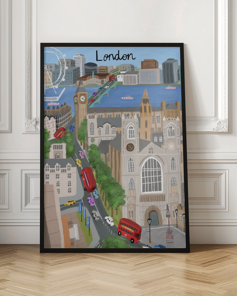 A stylized travel poster illustration of London, featuring iconic landmarks like Big Ben, Westminster Abbey, and the London Eye. The scene is bustling with red double-decker buses and colorful cars crossing a bridge over the River Thames, with the city skyline in the background and the word 'London' written at the top. Print