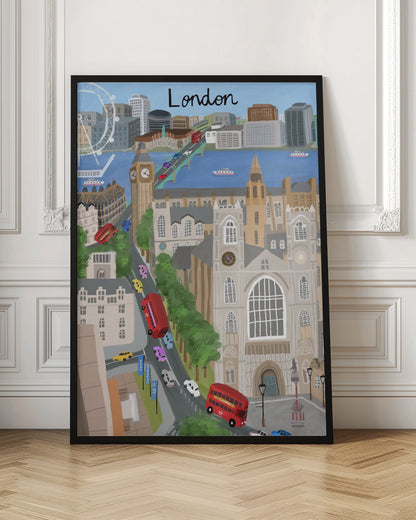 A stylized travel poster illustration of London, featuring iconic landmarks like Big Ben, Westminster Abbey, and the London Eye. The scene is bustling with red double-decker buses and colorful cars crossing a bridge over the River Thames, with the city skyline in the background and the word 'London' written at the top. Print
