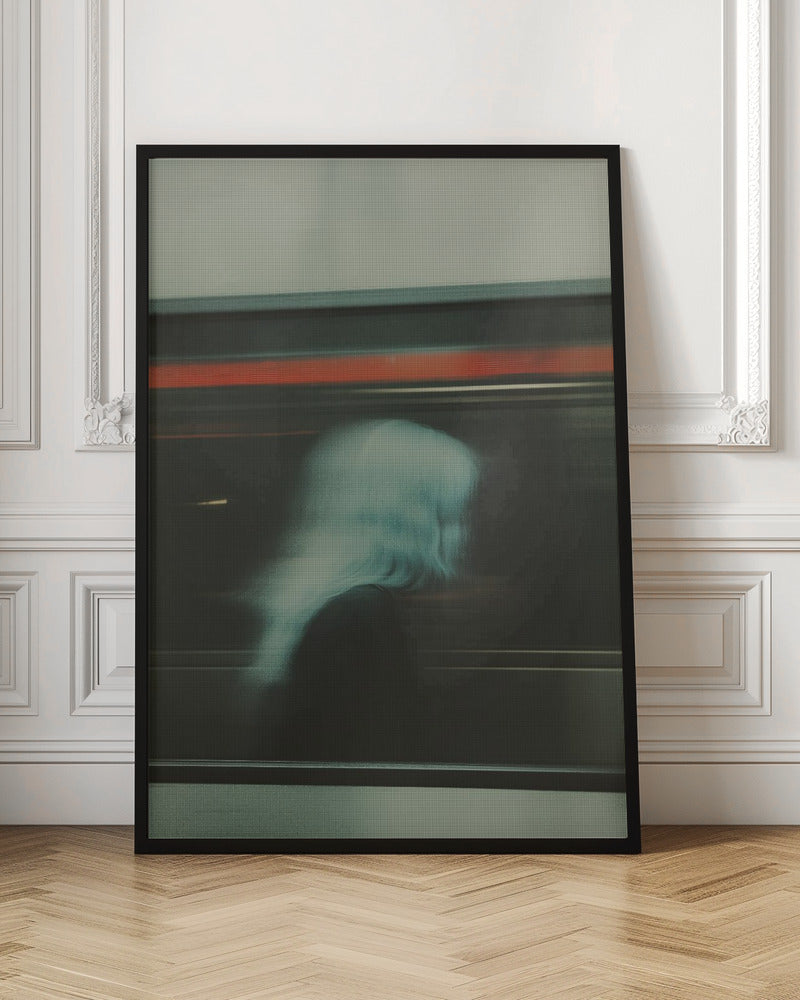 An abstract photograph with motion blur, featuring the ghostly silhouette of a person's head and shoulders in pale blue. The dark background is streaked with horizontal lines of red and white light, suggesting the speed of a passing train or subway. Wall Art